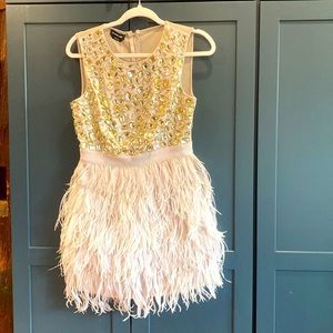 Bebe holiday party dress with jewels and feathers